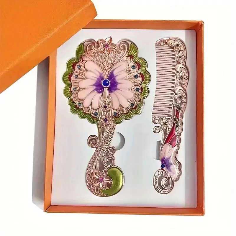 Elegant Peacock Pattern Folding Travel Makeup Mirror with Stainless Steel Comb & Brush – Floral Design, Pink & Green Accents, Handheld Cosmetic Mirror for Normal Hair Types, Perfect Gift for Women
