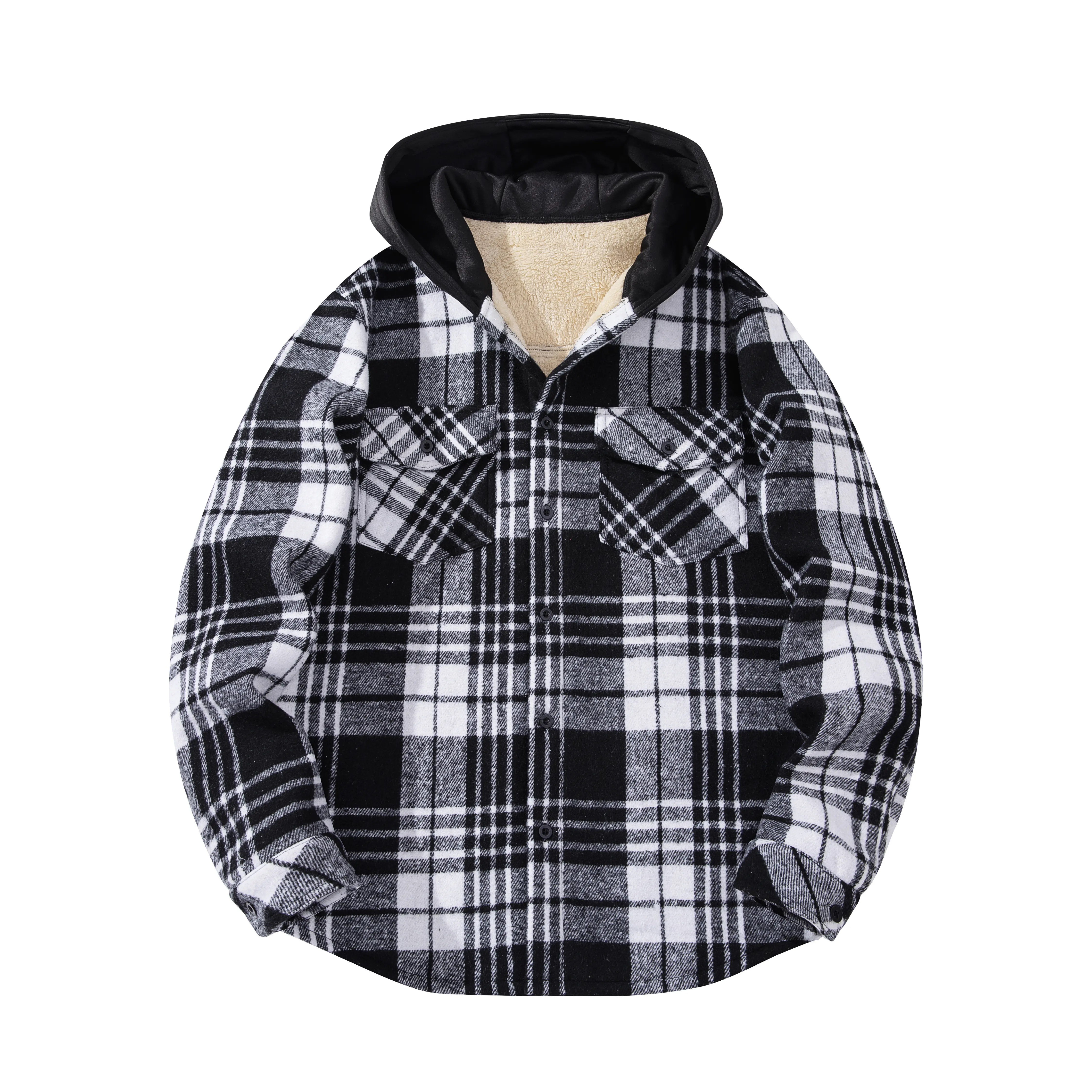 Men’s hooded flannel plaid shirt jacket, heavyweight button-down warm winter shacket coat with dual chest pockets