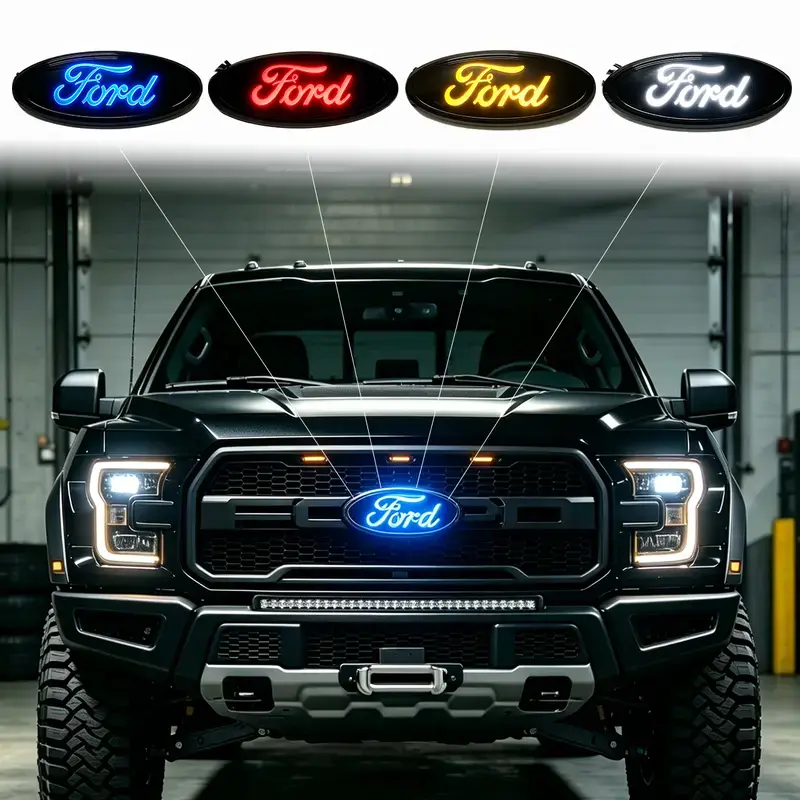 Multi-Color LED Light Ford F-150 Raptor Car Front Grille Emblem Rear Trunk Logo Badge For, Ford Logo Front Grille Logo Hood Badge Emblem Auto Replacement Accessories, Waterproof Car Front Logo Lamp Stylish Exterior Decoration