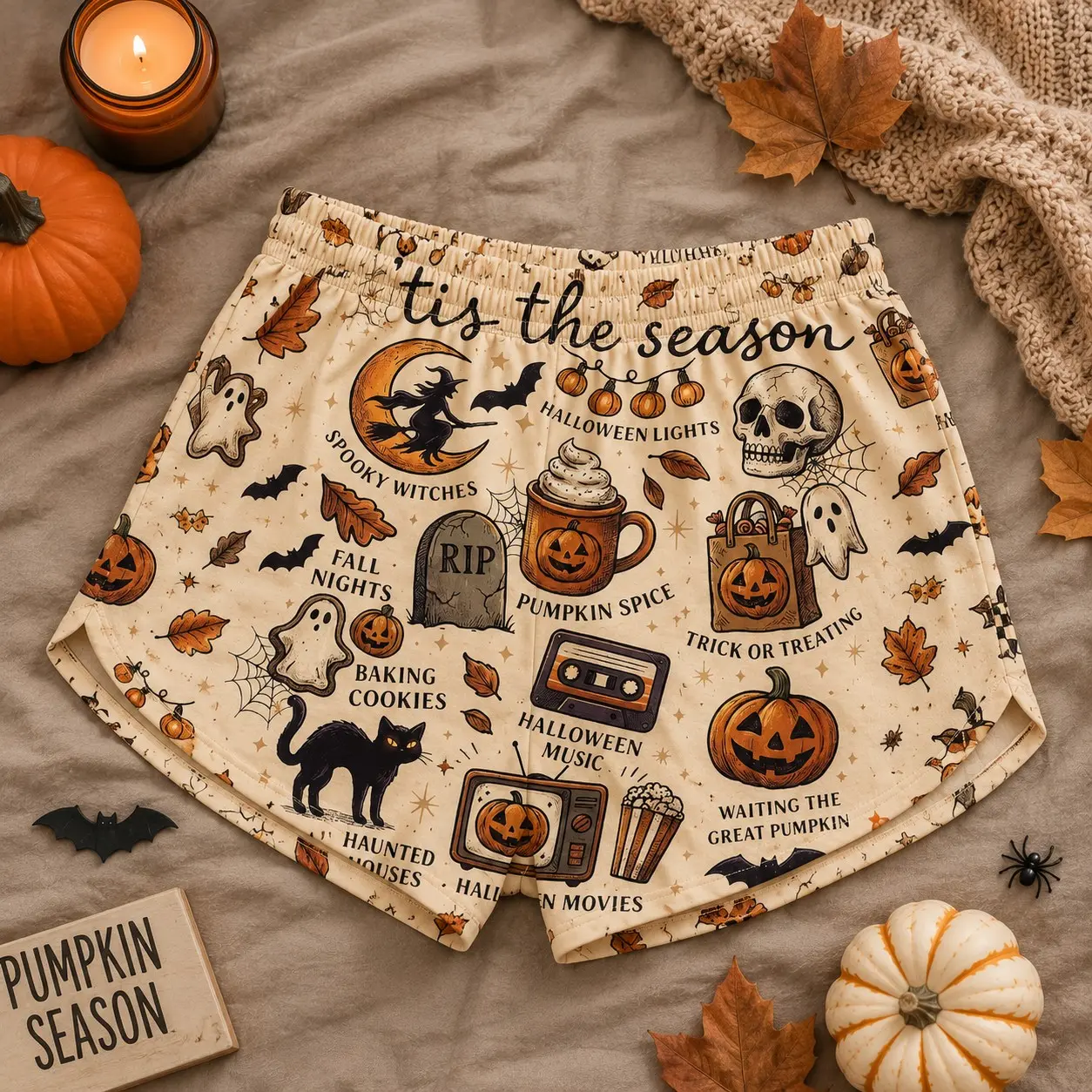 Women's Tis the Season Halloween Lounge Shorts, Pumpkin Ghost Witch Pajama Bottoms, Spooky Fall Sleepwear, Cute Halloween Gift for Her