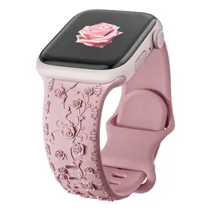Elegant Floral Engraved Silicone Band for Apple Watch - Pink Rose Design, Stainless Steel Clasp, Compatible with Series 10/9/8/7/6/5/4/3/SE/2nd Gen/Ultra/2, 40mm to 49mm, Stylish Wristband for Women and Men, Smartwatch Accessory | Floral Engraved Band