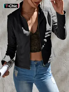 Women's PU Leather Jacket Coats, Stand Collar with Zip Pockets, Long Sleeve Fitted Minimalist Casual Aesthetic Style, Fall Winter Fashion Outerwear