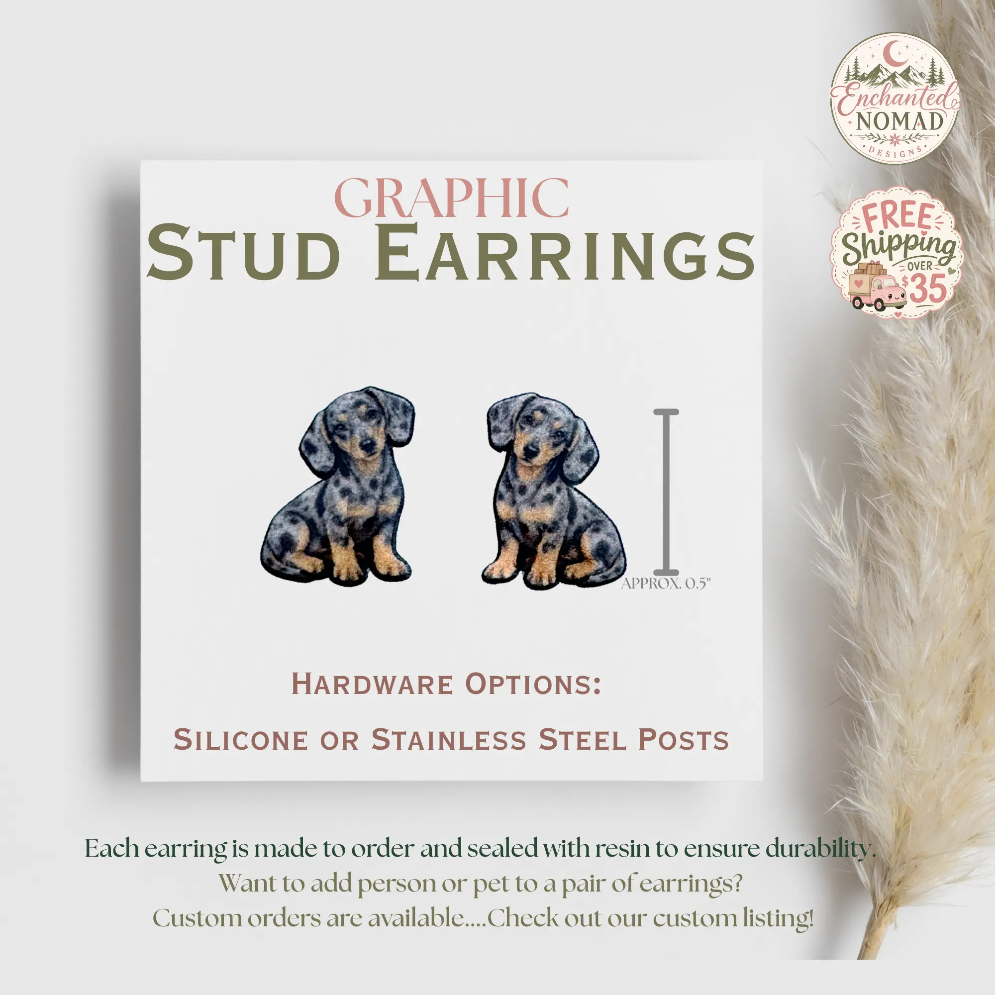Dachshund Stud Earrings, Dapple Dachshund Earrings, Wiener Dog Gift, Dog Lover Earrings, Sausage Dog Jewelry, Puppy Studs
