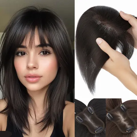 Snoilite Human Hair Topper - 3.15"x4.33" Silk Base Clip, Hand-Crocheted, Lightweight, 11in Straight Cut Hair Extensions for High Hairline/Grey Coverage, Natural Black/Brown