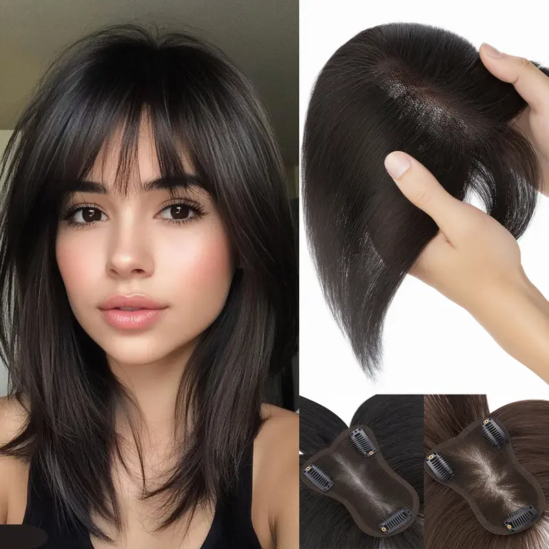 Snoilite Human Hair Topper - 3.15"x4.33" Silk Base Clip, Hand-Crocheted, Lightweight, 11in Straight Cut Hair Extensions for High Hairline/Grey Coverage, Natural Black/Brown