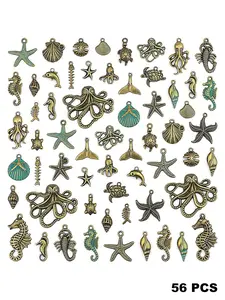 Vintage Ocean Theme Jewelry Set, 56 Pieces Bronze Fish Beads Pendants, Shell Pendants, Ideal for Jewelry Making and Craft Projects
