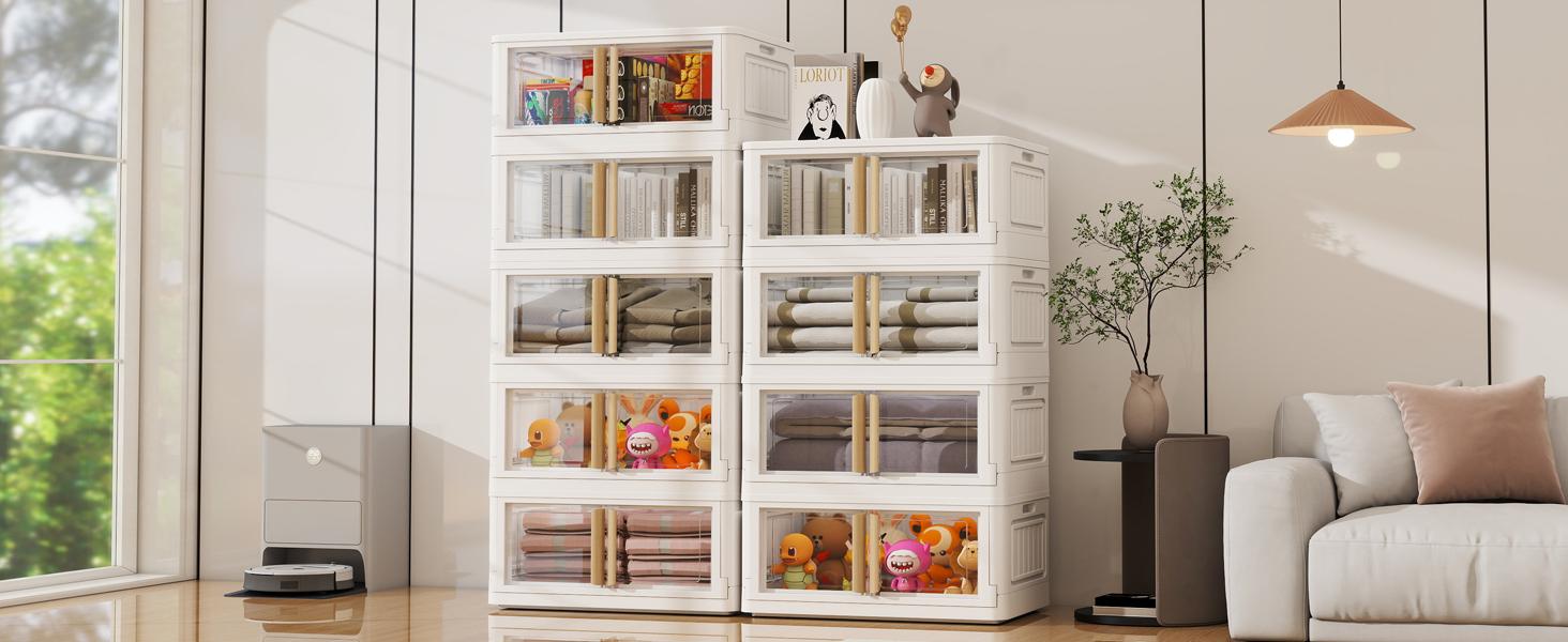 【Clearance】KHNR 3/4/5 Pack StackablStorage Bins with Lids, Plastic White Closet Organizers&Storage Drawer,Folding Storage Boxes with Wheels,Dual Open Collapsible Storage Boxes for living Room,Dorm,Office,Kitchen