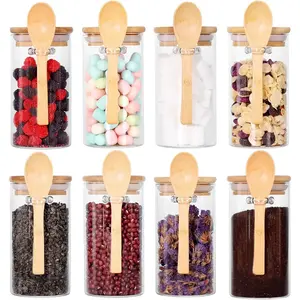 Glass Jar with Bamboo Lid and Spoon, 8Pack 10 OZ Tea Containers for Loose Leaf Tea, Salt and Sugar Containers for Countertop, Yogurt Jars for Overnight Oatmeal Bottles Tin
