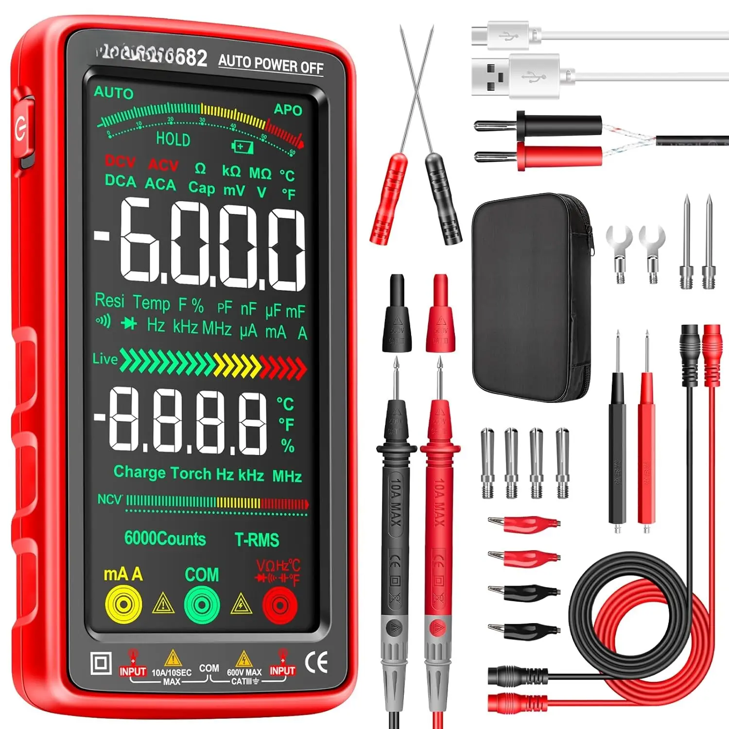 Multimeter Tester Color LCD TRMS 6000 Counts Voltmeter with Auto-Ranging,  Current, NCV, Ohm, Amp, Resistance, Diodes, Capacitance, Temperature