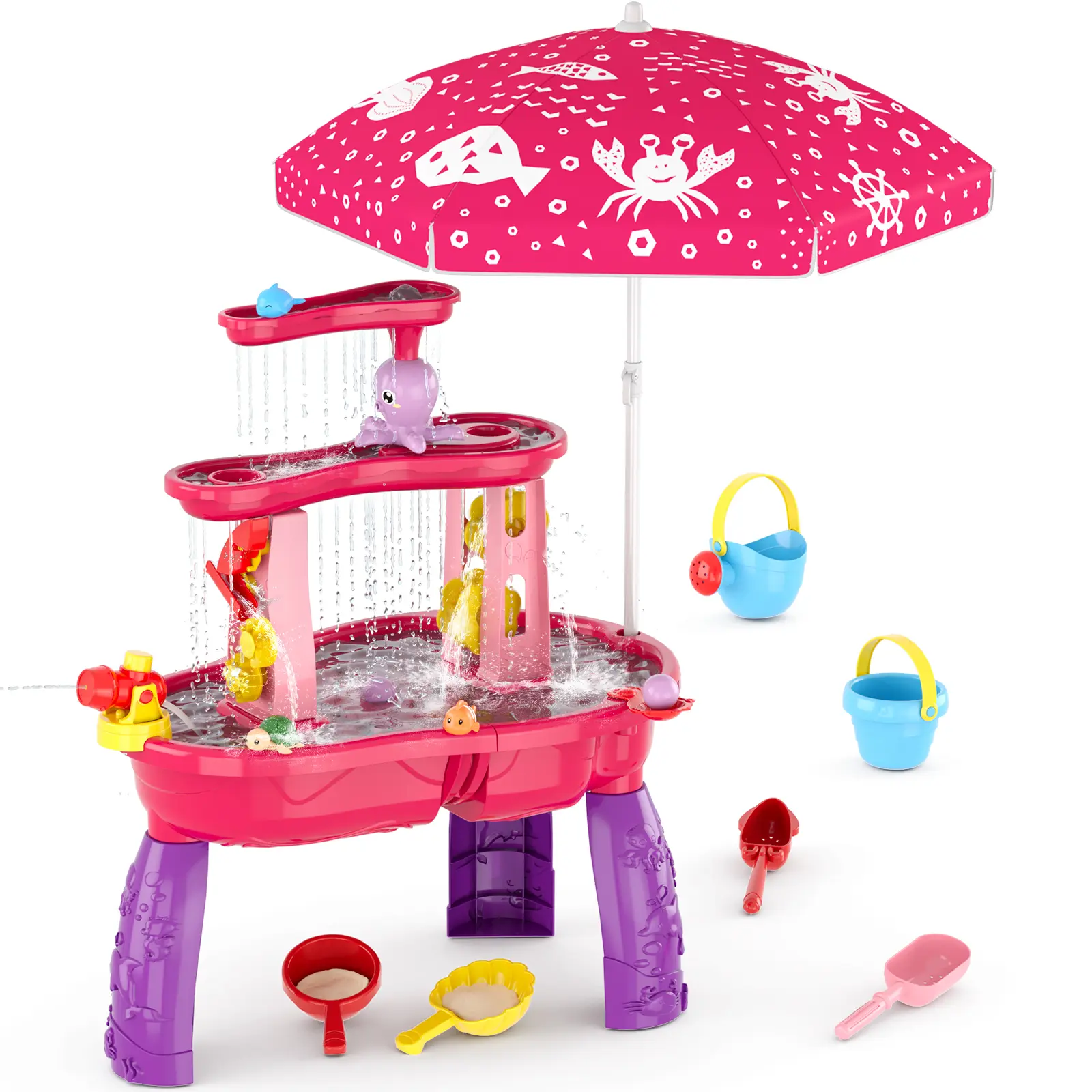 Kids' 3-Tier Summer Water Play Table - Unisex Toddler Toys with Umbrella Top, Sensory Products, Splash Tower, Indoor Outdoor Toy, Birthday Gift for Boys Girls, Pool Float, Pool Ball, Camping Essential, Birthdays, Outdoor/Indoor Use
