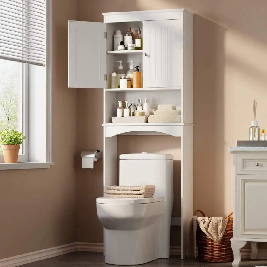 White MDF Wood Freestanding Over-The-Toilet Compartment Tall Cupboard - Bathroom Storage Tall Cupboard Organizer with Anti-Tip Device, Doors, Adjustable Shelf, Easy Installation, Minimalist Decor, Space Saver for Small Spaces, Compartment Tall Cupboards,