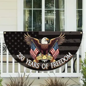 250 Years Of Freedom Patriotic Polyester Bunting Flag, America 250th Birthday Semicircular Flag Banner 1776–2026 Patriotic Bunting, USA Independence Day Porch Decor Flag, Fourth Of July Patriotic Half Fan Flag Decoration For Porch Fence Yard, Outdoor Deco