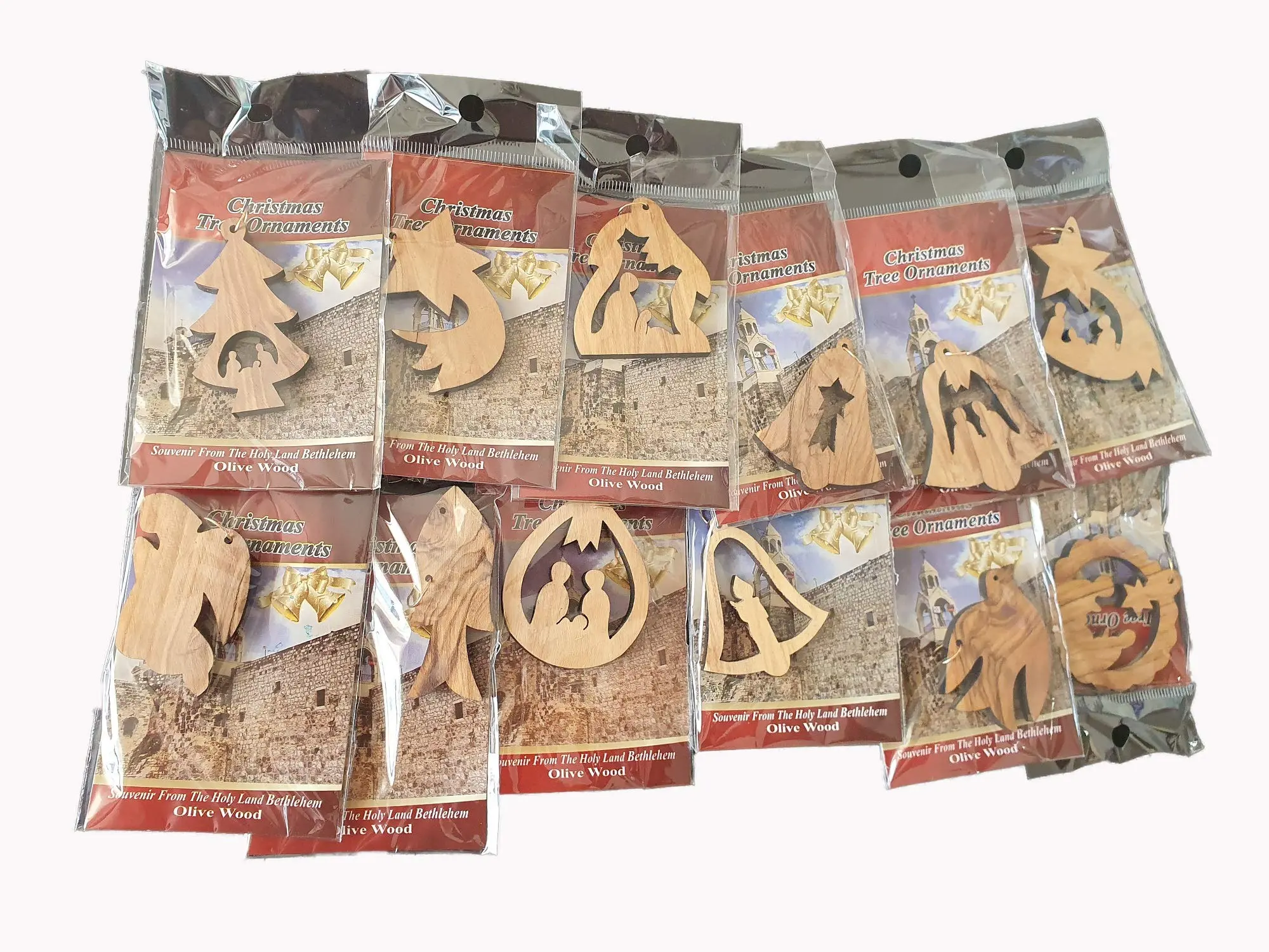 Bethlehem Gifts TM Certificated Assorted Bethlehem Olive Wood Christmas Tree Ornaments (Set of 7)