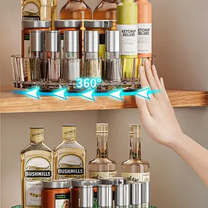 Minimalist Rotating Spice Organizer Rack, Acrylic Material for Seasoning, Soy Sauce and Vinegar Storage, Versatile Desktop Condiment and Fruit Tray, Acrylic Display Risers