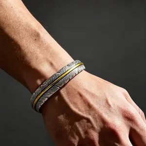 Men's Vintage Feather Open Cuff Bracelet, Adjustable Two-Tone Silver & Gold Statement Bangle for Daily Wear