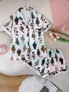 Women's Sleepwear Set, Collared Short Sleeve Cardigan & Loose Elastic Shorts, Cartoon Animal Cat Full Print, All Seasons, Casual Home Wear, Pajama Set