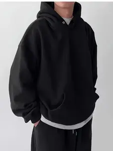 Men's Black Casual Minimal Hooded Long Sleeve Loose Sweatshirt - Spring Autumn Winter Vintage Washed Unisex