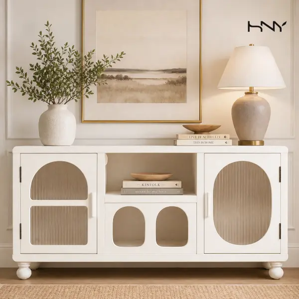【SummerWins】HNY 47" Modern Arched Display Cabinet, Glass Display Cabinet with Arch Doors Aesthetic Shallow Sideboard for Living Room Entryway