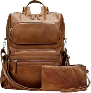PU Leather Backpack for Women - Vintage Womens Backpacks with Wristlet Convertible Crossbody Shoulder Bag for Daily Use Work Party - Brown
