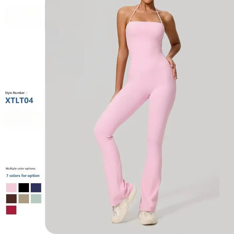 Butt-lifting halter neck sports yoga jumpsuit for women, casual fitness yoga wear, Fitness Outfits, Solid Color Jumpsuits, Workout Apparel, Tummy Control Jumpsuit