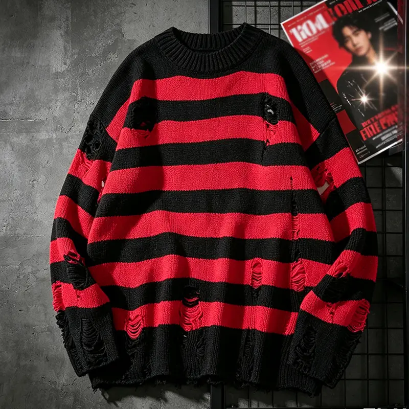 1 piece striped distressed knit sweater, street-style cool design, faded frayed edges, drop-shoulder top for men, suitable for everyday streetwear outings