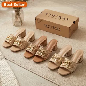 Coutgo Womens Raffia Slide Sandals Chunky Block Heeled Square Open Toe Metal Chain Slip on Mules Dressy Shoes