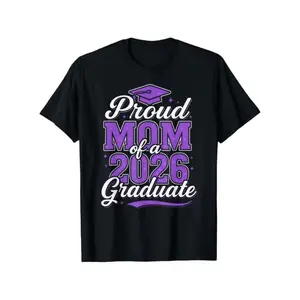 Proud Mom of a 2026 Graduate T-Shirt - Class of 2026 Senior Year Celebration, Unisex Loose-Fit Round Neck with Cap & Diploma Design, Purple & Golden Lettering - Graduation Season Gift for Mothers, Parents, Friends, Family, Coworkers (Black)