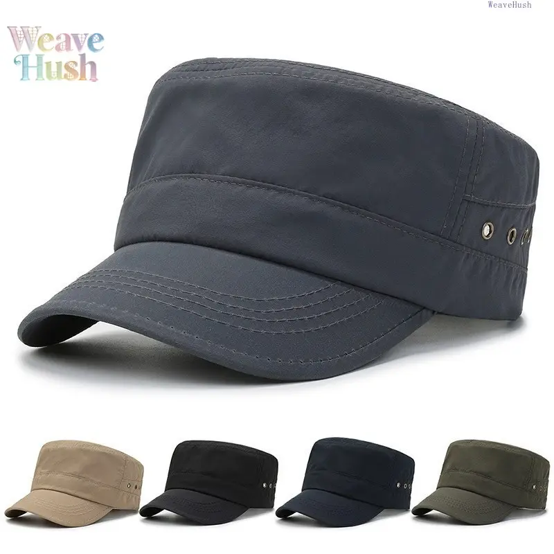 Men Military Style Flat Top Hat, Outdoor Quick Dry Sun Hat, Thin Breathable Extended Brim Cap, Anti UV Sun Protection Hat For Sports Hiking Daily Wear