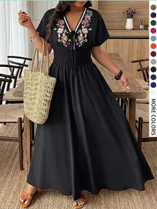 Plus Size V Neck Tie Front Short Sleeve Embroidered Casual Dress, Elastic Waist Elegant Design, Summer Vacation Wear, Travel Daily Commute, Womenswear Aesthetic