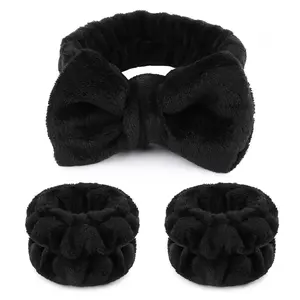 1pcs Black Spa Headband Fluffy Bow Tie Headband Microfiber Face Headband,2Pcs Wrist Spa Wash Band Absorbent Wristbands, for Washing Face Skin Care