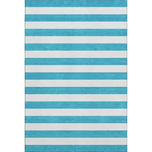 HomeRoots 647673 9x12 ft. Teal & Ivory Strip Area Rug, Machine-Washable Rectangular Transitional Rug with UV Protection, Machine-Washable Area Rugs, Rectangular Area Rugs