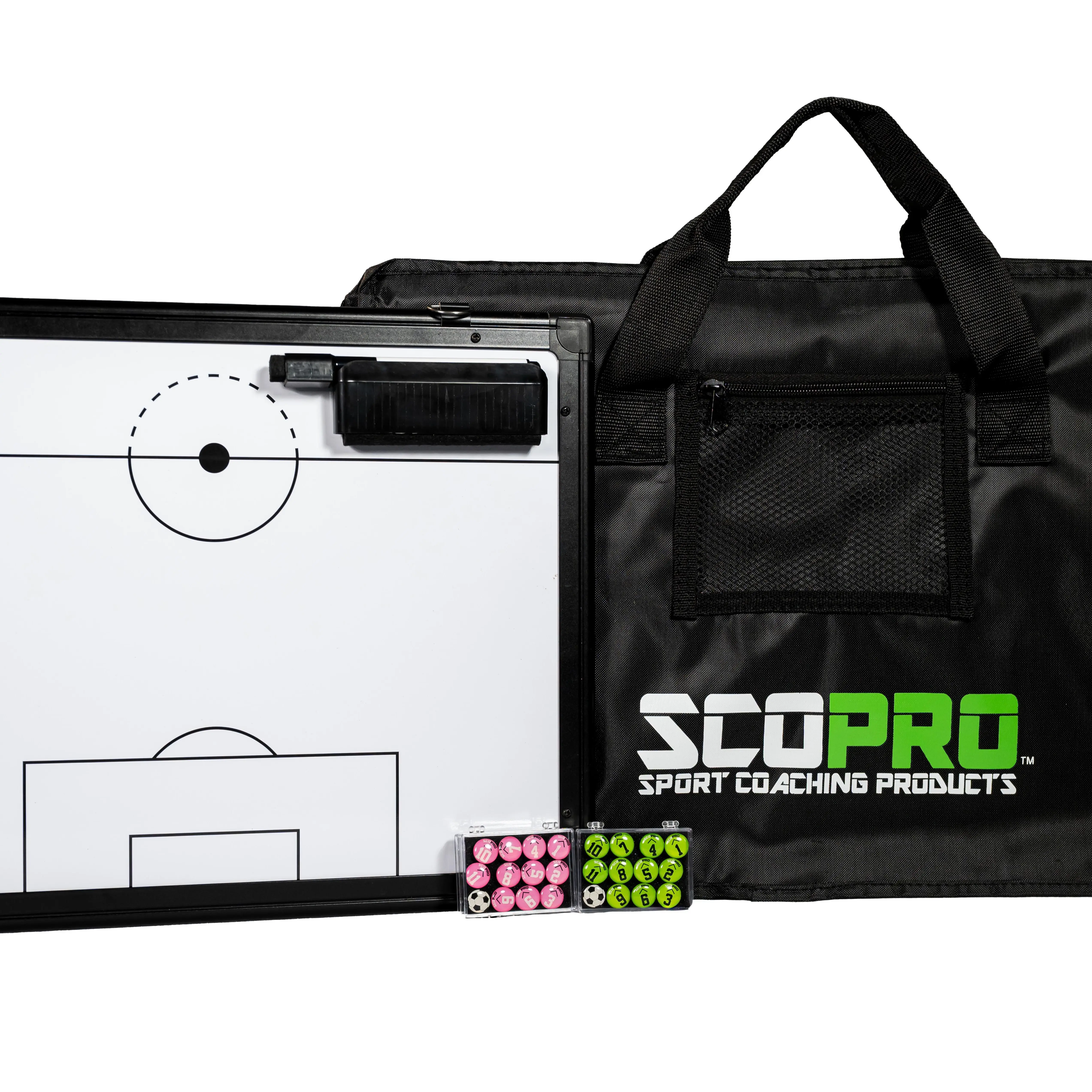 SCOPRO Travel Soccer Coaching Bundle - 16x12 Double Sided Dry Erase Magnetic Board with Carrying Case & 2 Sets of Numbered Magnets Portability Training