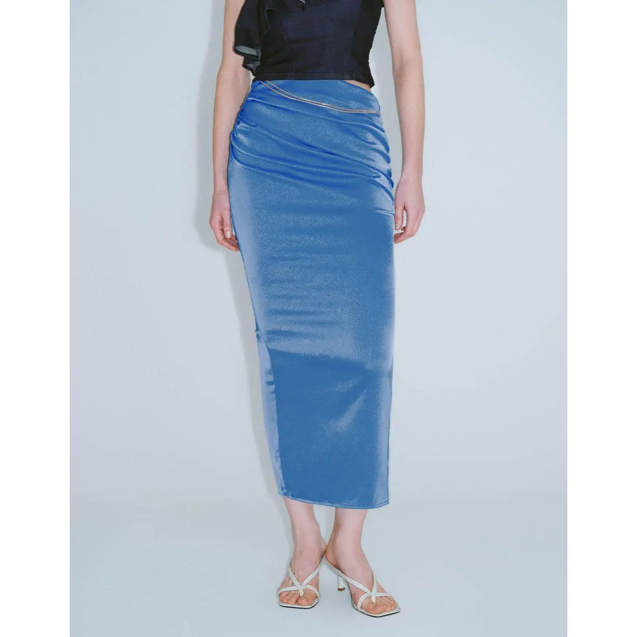 URBAN REVIVO Women's Chic Ruched Maxi Skirt with Hip-Enhancing Side Chain, Straight-Cut Polyester Fit (Sizes S, M, L), Fabric, Thin