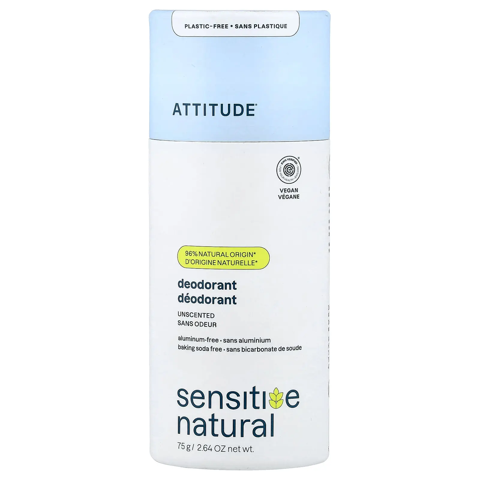 ATTITUDE Sensitive Natural, Deodorant, Unscented, 2.64 oz (75 g)