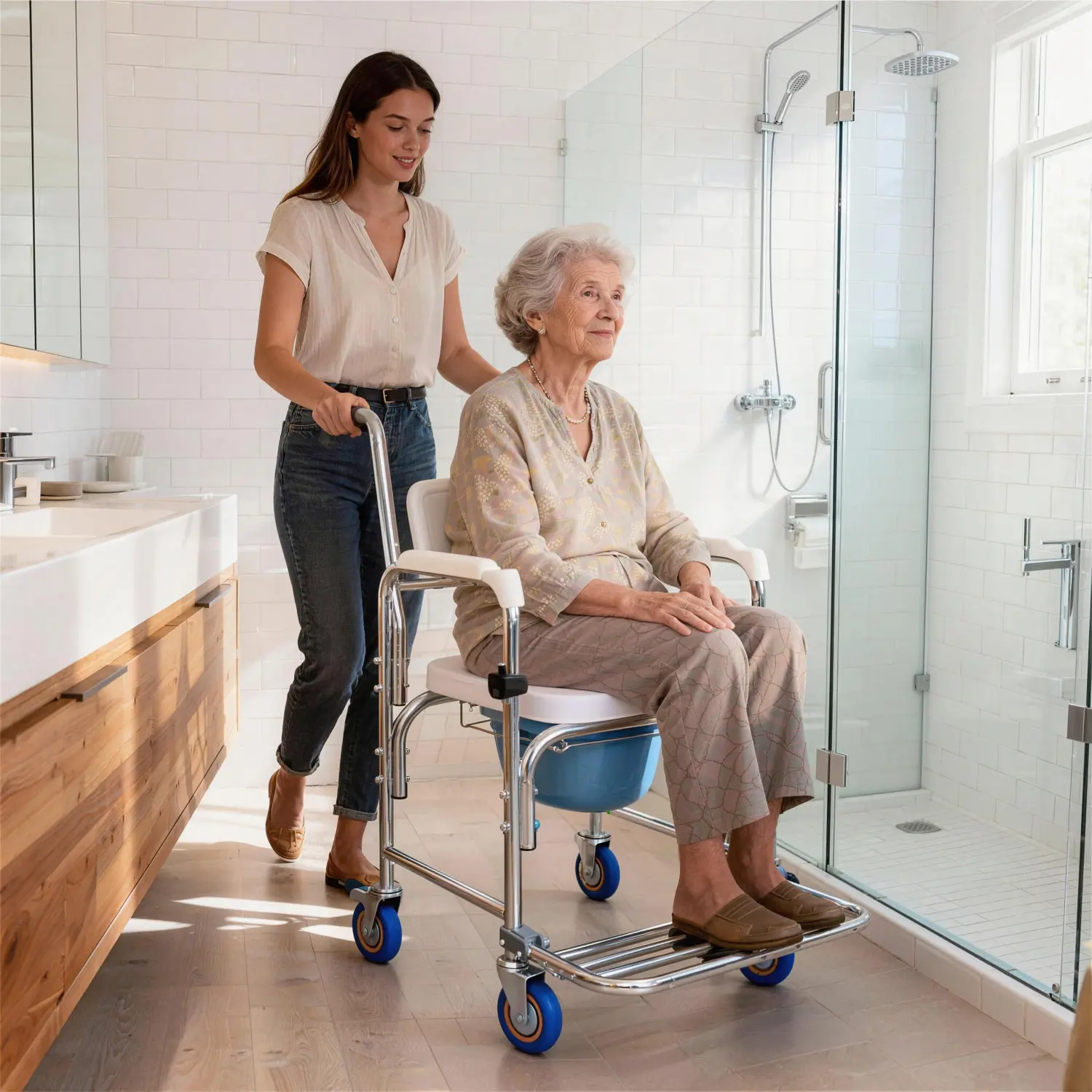 4-in-1 Foldable Rolling Shower Chair with Handles and Lockable Wheels