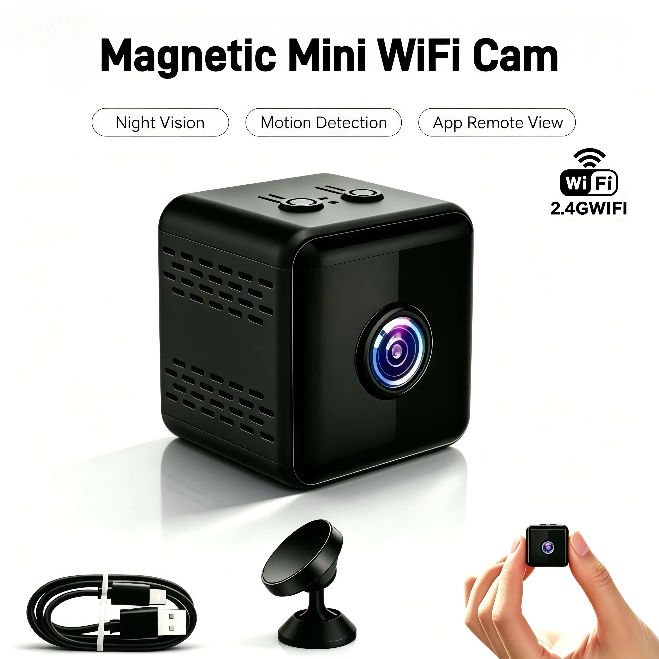 Portable 2.4GHz WiFi Smart Camera Security with Magnetic Mount, USB Rechargeable, Night Vision, Motion Detection, App Remote View, Local Recording, SD/Cloud Storage for Home, Office (Home Cameras Indoor)