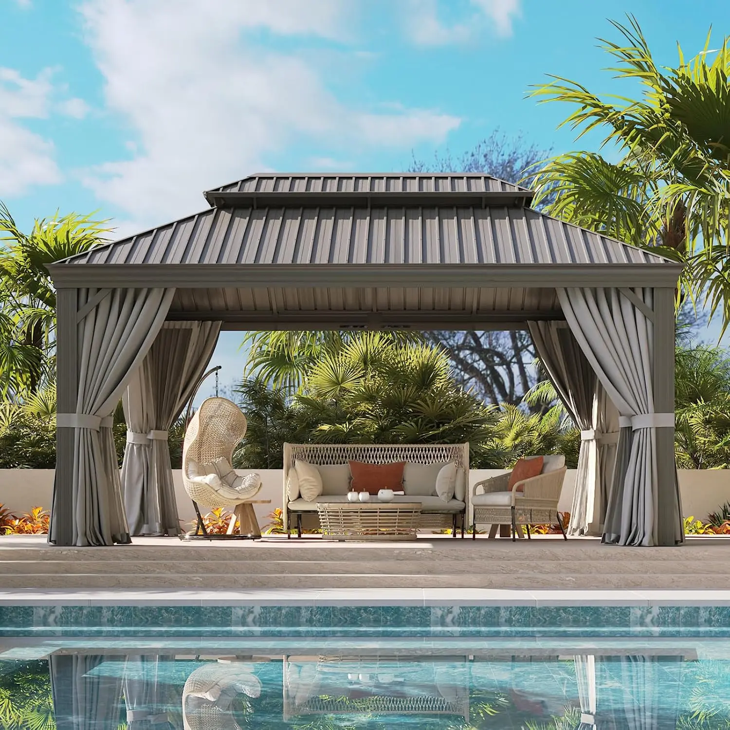 Aoxun 12' X 16' Hardtop Gazebo, Aluminum Frame with Galvanized Steel Double Roof & Drainage System, Permanent Metal Pavilion with Textilene Netting, for Garden, Deck & Pool, Grey