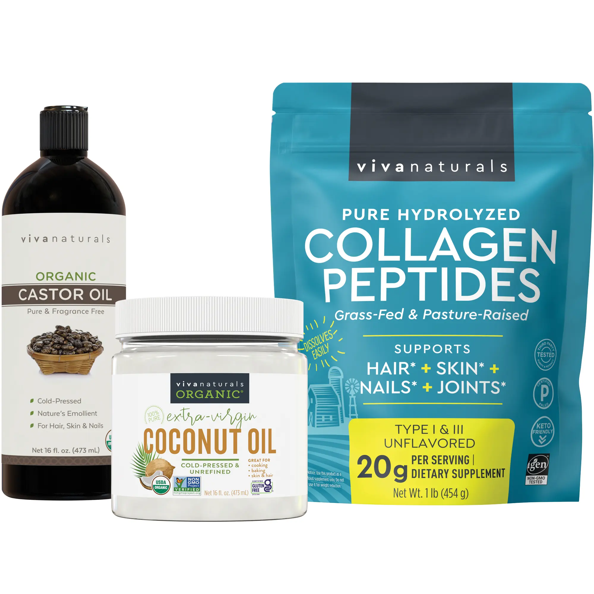 Viva Naturals Organic Extra-Virgin Coconut Oil - 16 fl oz, Cold-pressed Organic Castor Oil - 16 fl oz and Collagen Peptides - 1 lb Bundle