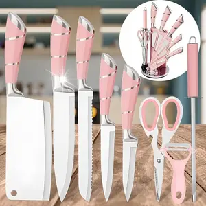 9pcs Kitchen Knives Set, Professional Chef, Bread, Cleaver, Paring, Utility Knife And Scissors Sharpener Peeler High Carbon Stainless Steel Ultra Sharp Non-stick Multifunctional, mothersdaygift#Summervibes