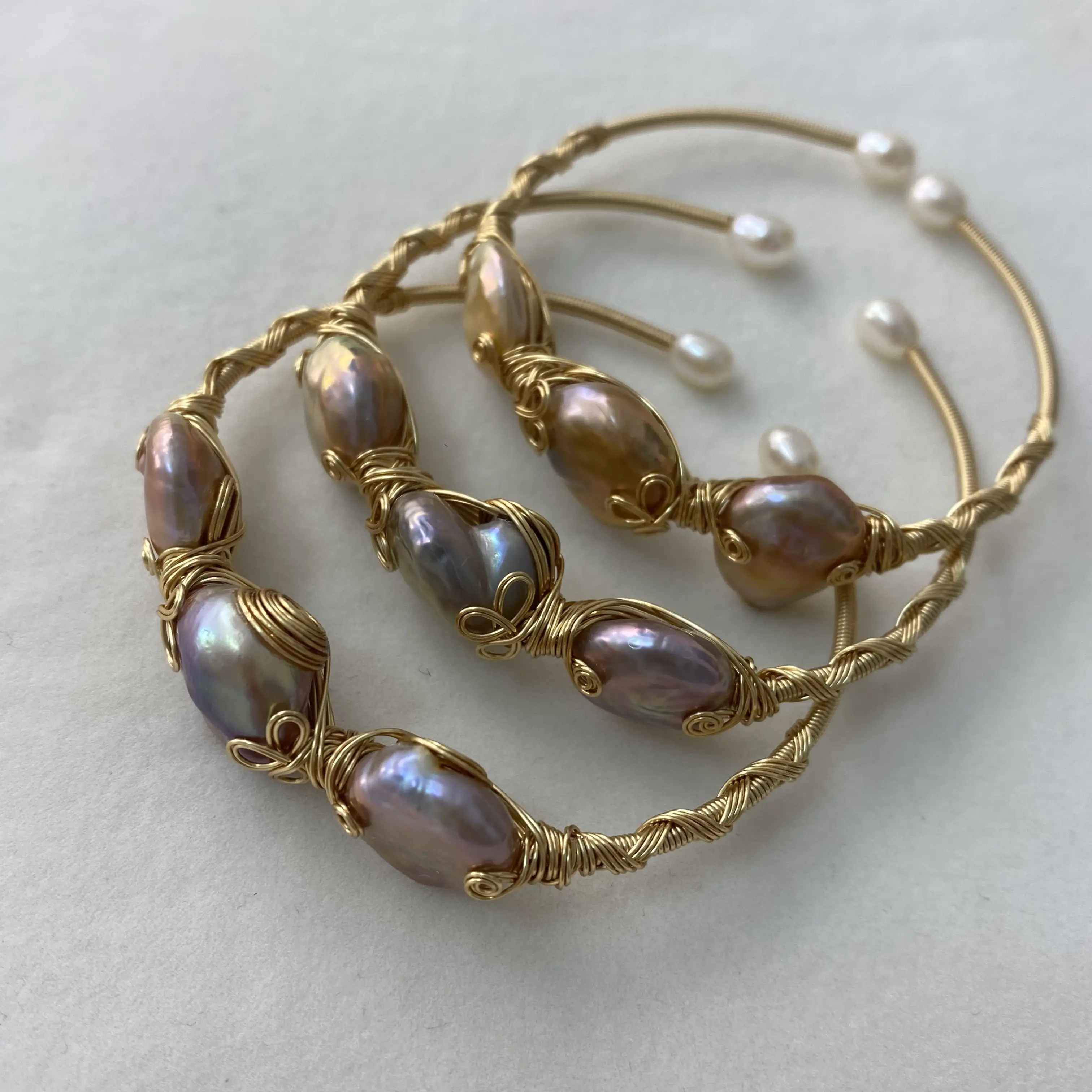 NC000- Aurora Coil | Hand‑Wrapped Freshwater Pearl Bangle — Artisan Wire Cuff, Stackable, Multiple Styles & Colors Available. wire wrap pearl bangle,