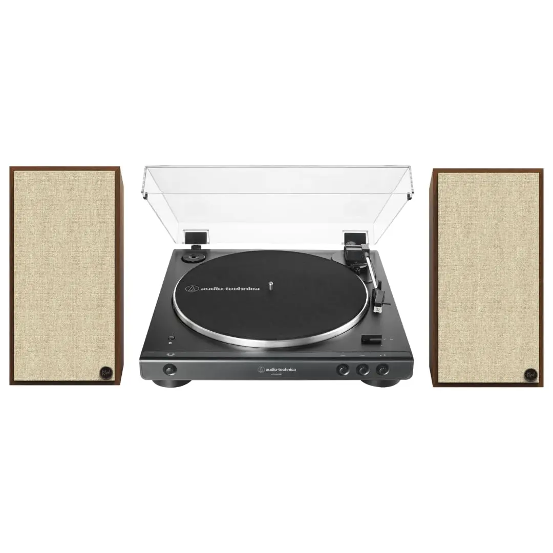 Klipsch The Sevens Retro Heritage-Inspired Wireless Bluetooth Digital Amplifier Powered Speakers (Walnut, High W Output, Built-In Subwoofer) Bundle with 60XBT-BK Fully Automatic Belt-Drive Vinyl Stereo Turntable, Watts Aluminium Audio