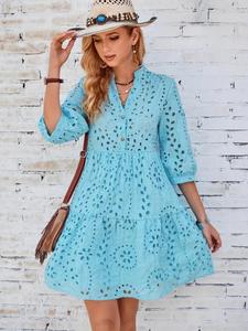 women's plain embroidered hollow out dress, casual elegant v neck dress for summer, ladies clothes for daily wear, sun dress, summer dresses, effortless summer look