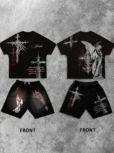 Men's Gothic Saint Angel & Cross Graphic Tee & Shorts Set, Casual Fitted Streetwear, Geometric Pattern, Dark Style, Complete Set, Menswear