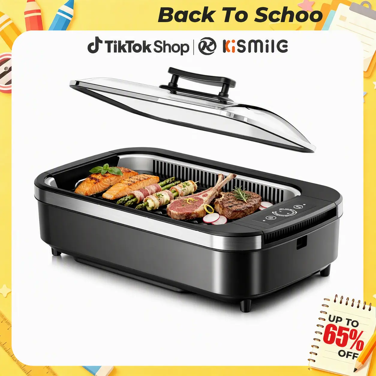 Kismile Smokeless Indoor Grill, 1500W Electric Indoor Grill for Korean BBQ with 6-Level Temp Control, Removable Glass Lid, Non-Stick Grill Plate, Turbo Smoke Extractor, Auto Shut Off & Dishwasher Safe