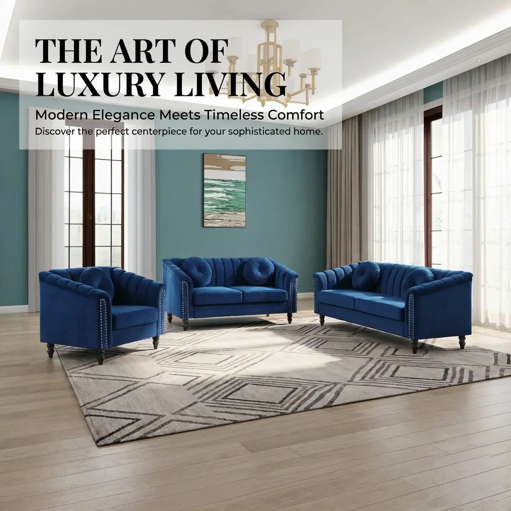 3-Piece Blue Microfiber Sofa Set, Indoor Living Room Furniture Couch
