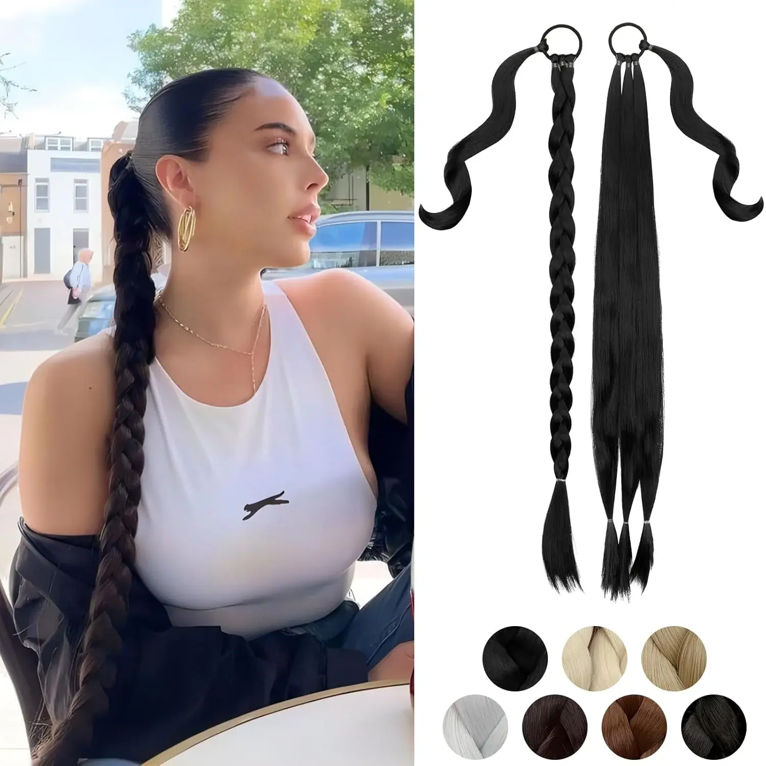 Women's Braided Ponytail Extension - 26/30 Inch Natural Straight Synthetic Hairpiece with Elastic Tie, Wrap-Around Style, Dark Black Hair Braids, 1 Ponytail, Diy Customization, Straight Wrap Around, Synthetic Fiber