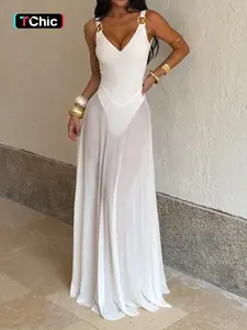 Women's V Neck Sleeveless Dress, Transparent Mesh A-Line Dress, Perfect for Vacation, Casual and Party Wear, Loose Fit, Plain Style, Chic