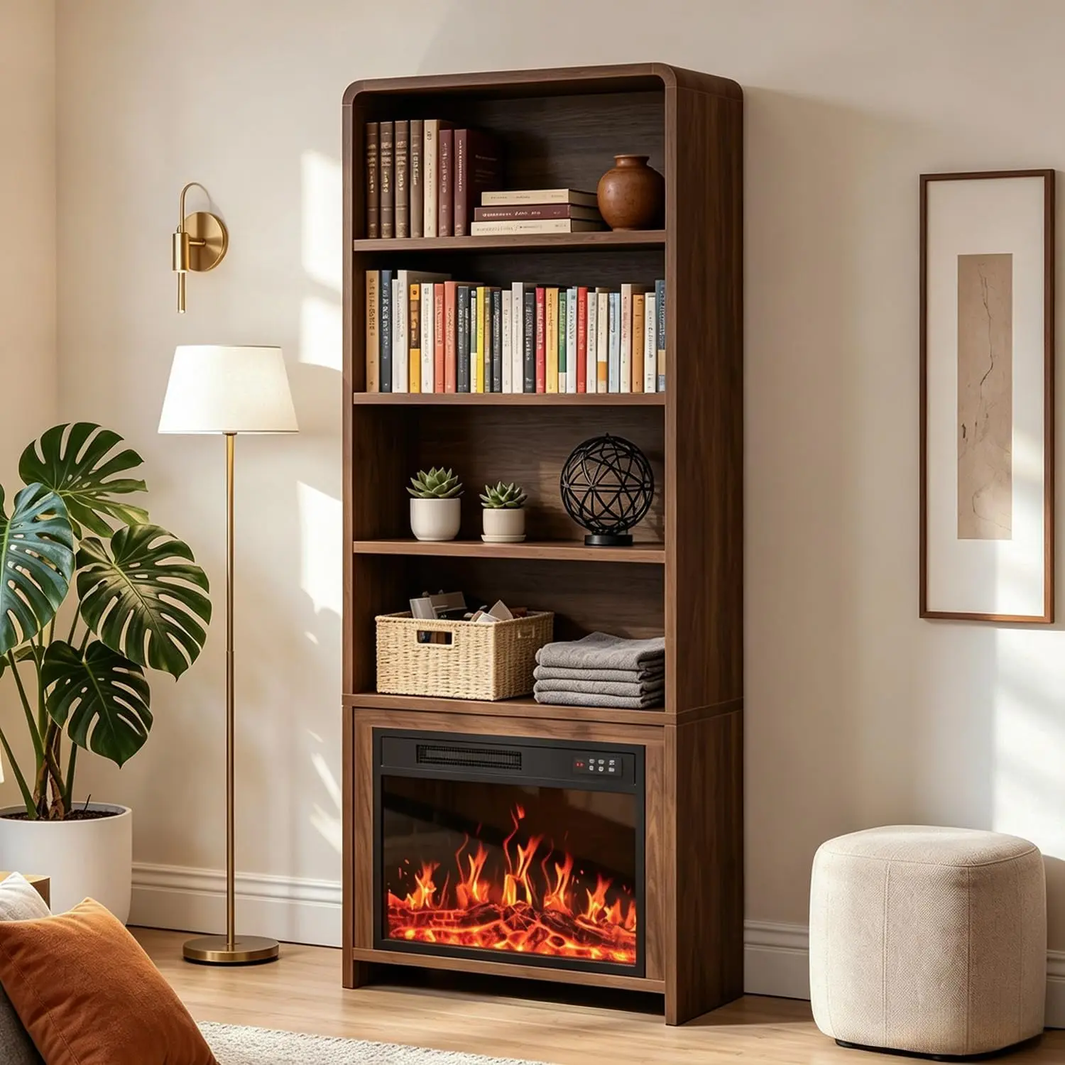 PUKAMI 70-in Contemporary Arched Shape Bookshelf with 23-in Electric Fireplace Insert, 3D Realistic Flame, 5 Brightness Levels, Timer, 40 lbs Per Shelf Capacity, Particleboard Single Unit Storage Accent for Home (Includes Hardware), 23-Inch Inserts