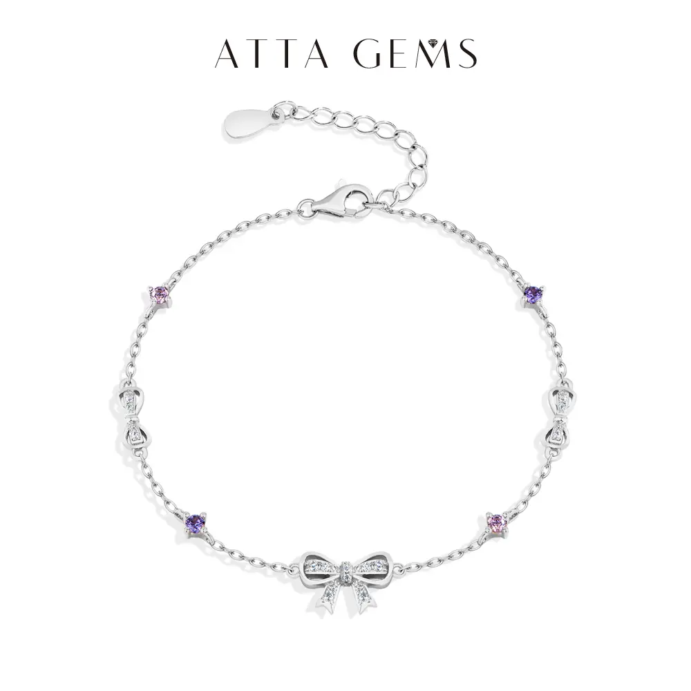 ATTAGEMS Elegant Bow-Shape Moissanite Bangle Bracelet for Women, Round Cut Lab-Gemstones with Pink & Purplish Red Zircon Accents, Beautiful Bracelets Anniversary Gift, Elegant Bangle Bracelet