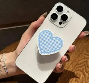 Cute Blue Gingham Heart Magsafe Phone Grip - Magnetic Pop Socket & Kickstand - Coquette Phone Accessory